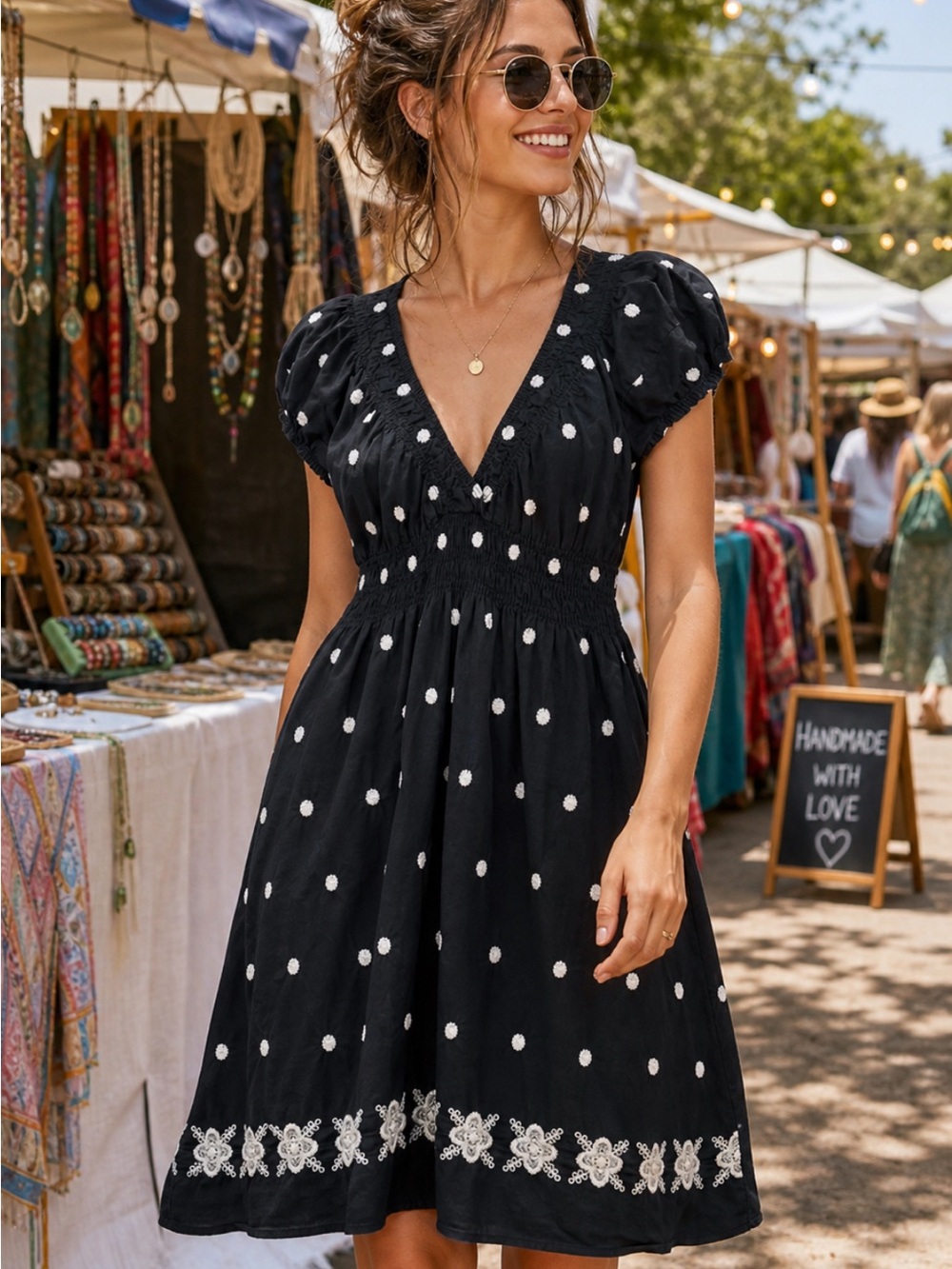 Cute Options boho milkmaid midi dress made in India Jrs. L dot embroidery cotton